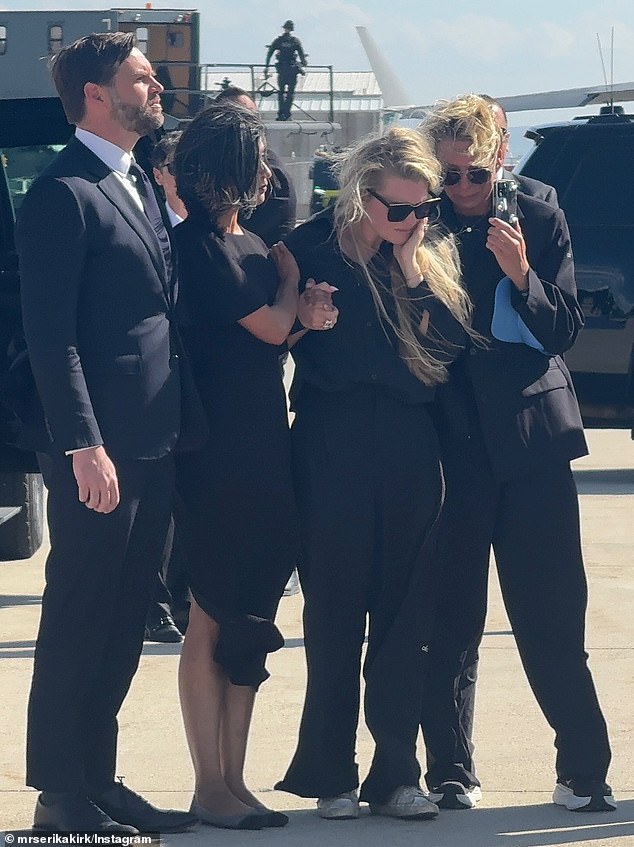 On Thursday, Kirk, 36, was named CEO of Turning Point USA, thrusting her into a role at the top of the powerhouse right-wing organization that her husband co-founded 13 years ago (Pictured: Erika Kirk with Vice President JD Vance and Second Lady Usha Vance)