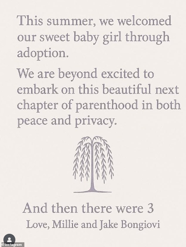 Last month in August, the Enola Holmes actress issued a statement to her main Instagram page to announce that both she and her husband had adopted their first child