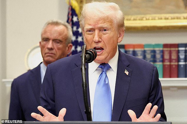 The study findings come days after President Donald Trump (pictured here with health secretary Robert F Kennedy Jr) tied pain reliever acetaminophen to autism
