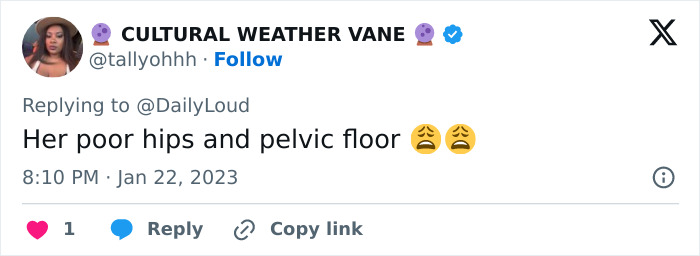 Tweet by a woman discussing concerns about poor hips and pelvic floor related to giant baby births.