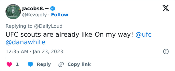 Tweet screenshot showing user Jacobs8 eagerly replying to DailyLoud about UFC scouts, with no mention of doctors or giant baby births.