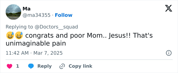 Social media comment expressing sympathy for a mother dealing with pain from giving birth to a giant baby.