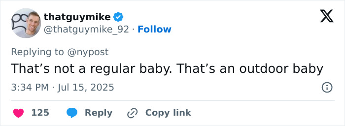 Tweet from user thatguymike_92 with a humorous comment on giant baby births amid doctors sounding alarm on concerning causes.