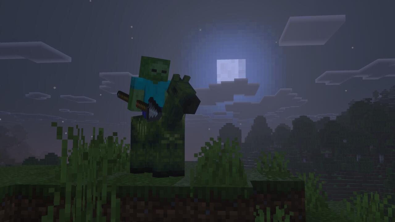 A spear-wielding zombie atop a zombie horse.