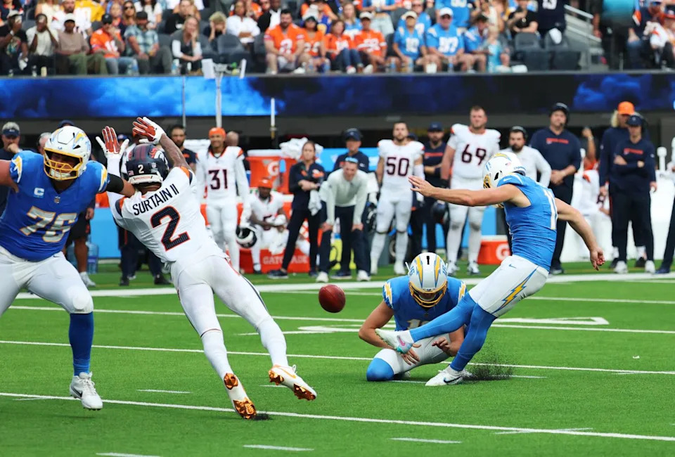 Cameron Dicker kicks the winning field goal as time expires in the Chargers' 23-20 win.