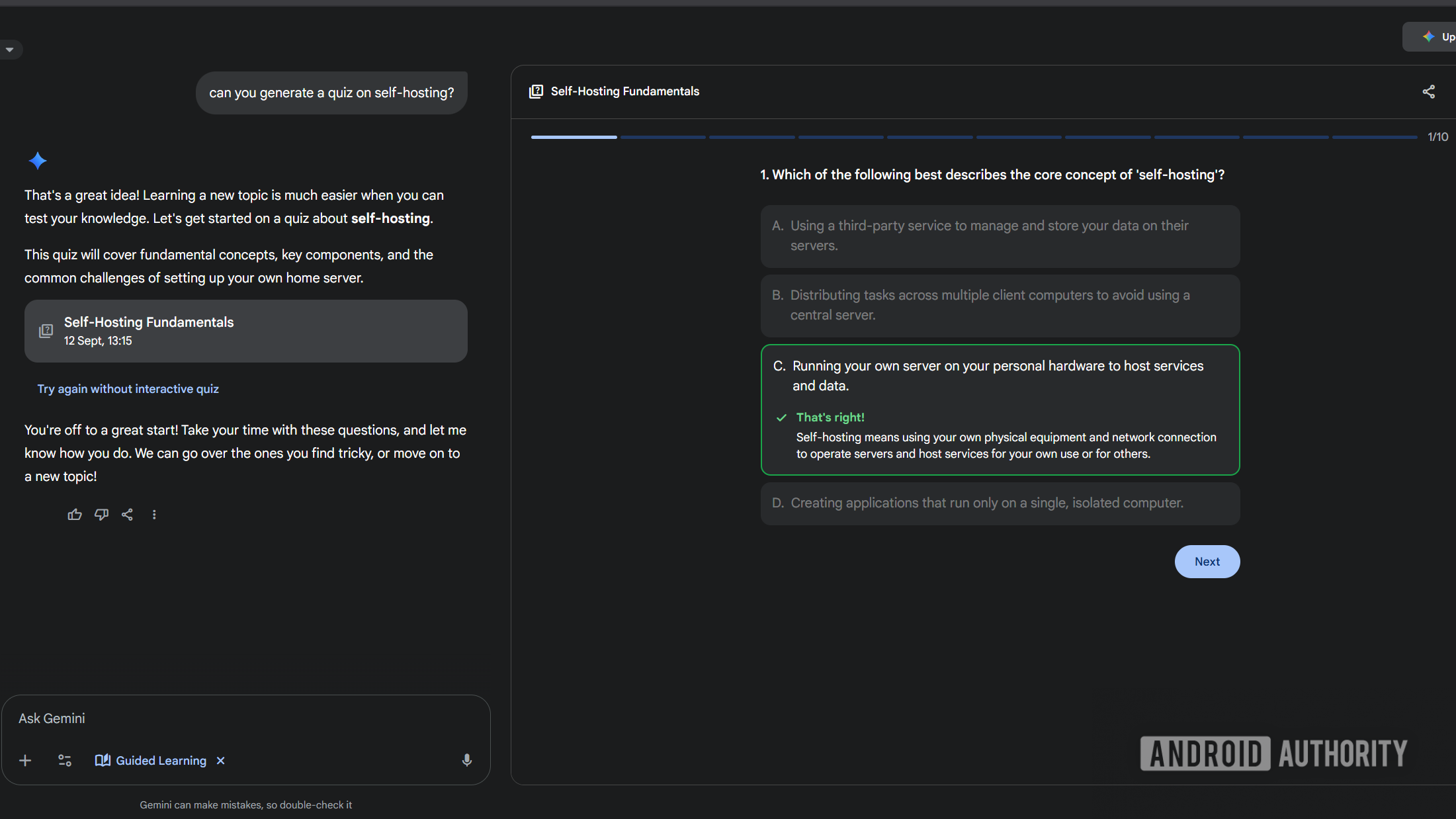 quiz on self hosting in gemini guided learning on the web