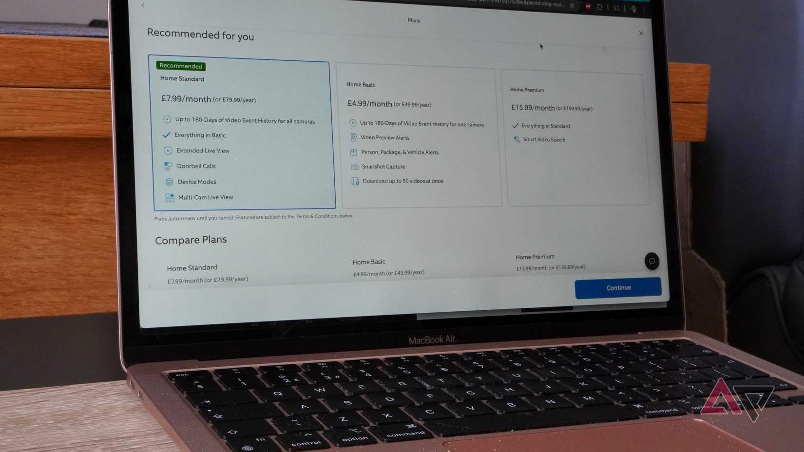 Ring subscription plans on a laptop screen