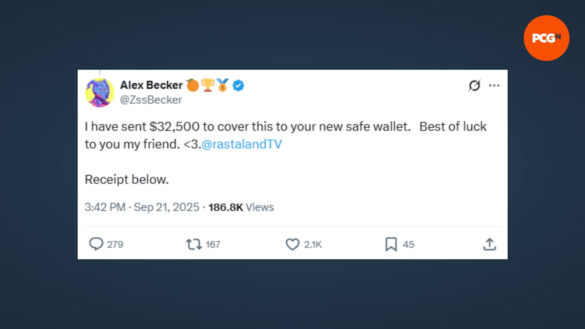 tweet from alex becker offering money to rastaland.