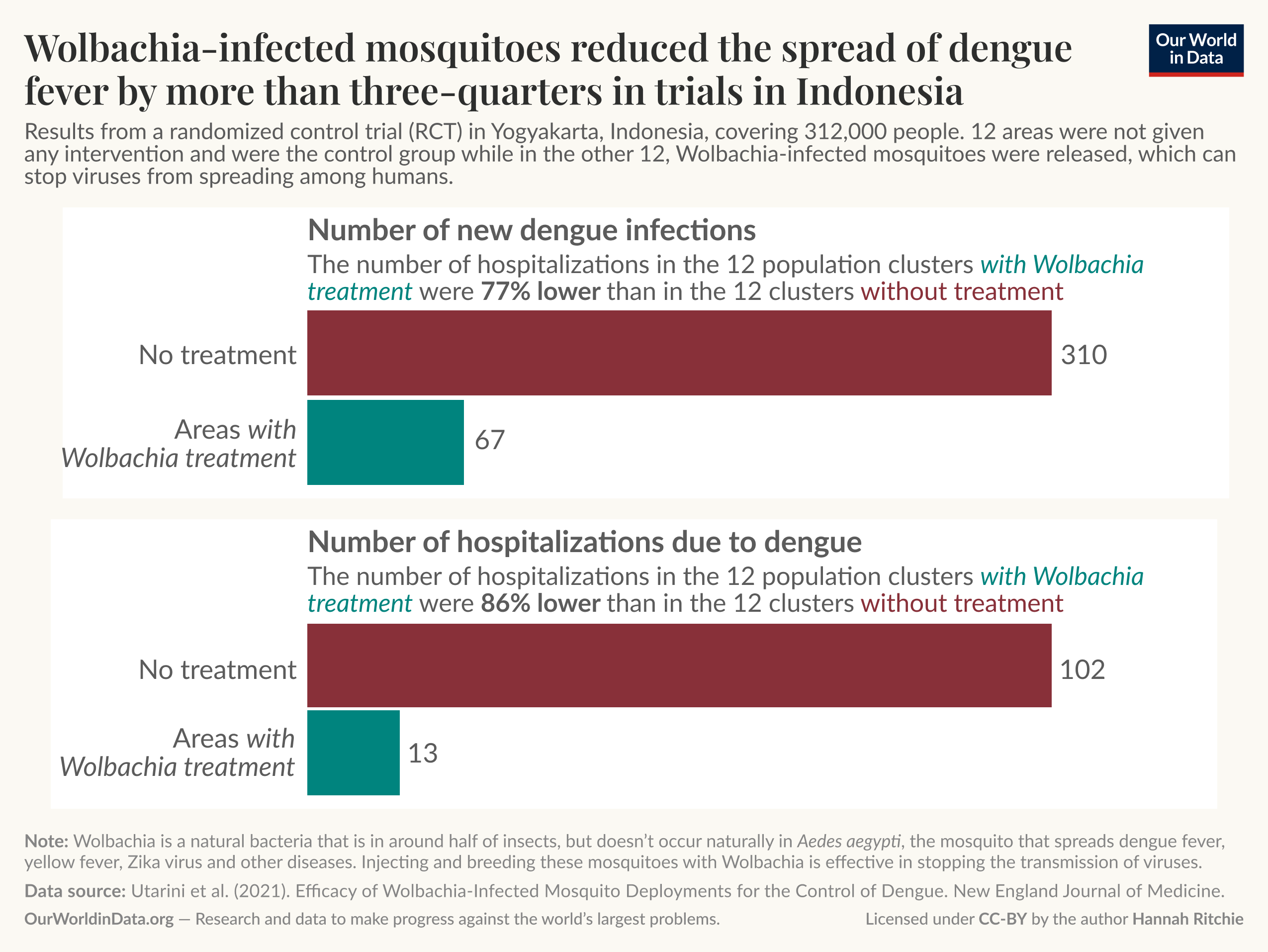 A data visualization presents findings from a randomized control trial in Yogyakarta, Indonesia, analyzing the impact of Wolbachia-infected mosquitoes on dengue fever. The top section shows a bar graph comparing the number of new dengue infections: in areas with no treatment, there were 310 cases, while areas with Wolbachia treatment had 67 cases, indicating a 77% reduction in new infections.

The bottom portion depicts another bar graph comparing hospitalizations due to dengue: there were 102 hospitalizations in areas without treatment and only 13 in treated areas, demonstrating an 86% reduction in hospitalizations.

The background provides context, stating that Wolbachia is a natural bacterium found in many insects, and the note emphasizes its role in reducing dengue transmission. The data source is referenced as a 2021 study by Utarini et al., and the information is from Our World in Data, licensed under CC-BY by the author Hannah Ritchie.