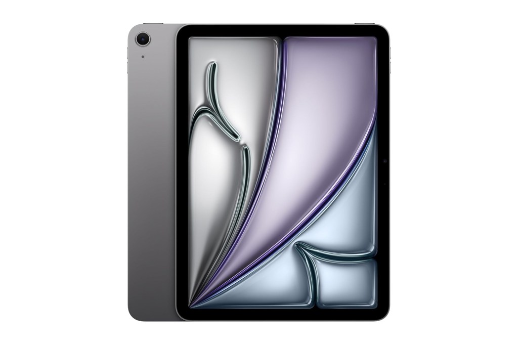 Gray tablet with abstract design on screen.