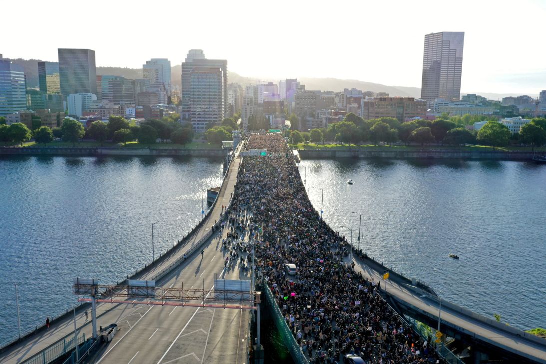Protesters cross Morrison Bridge in Portland while rallying June 3, 2020, against George Floyd's death in Minneapolis.