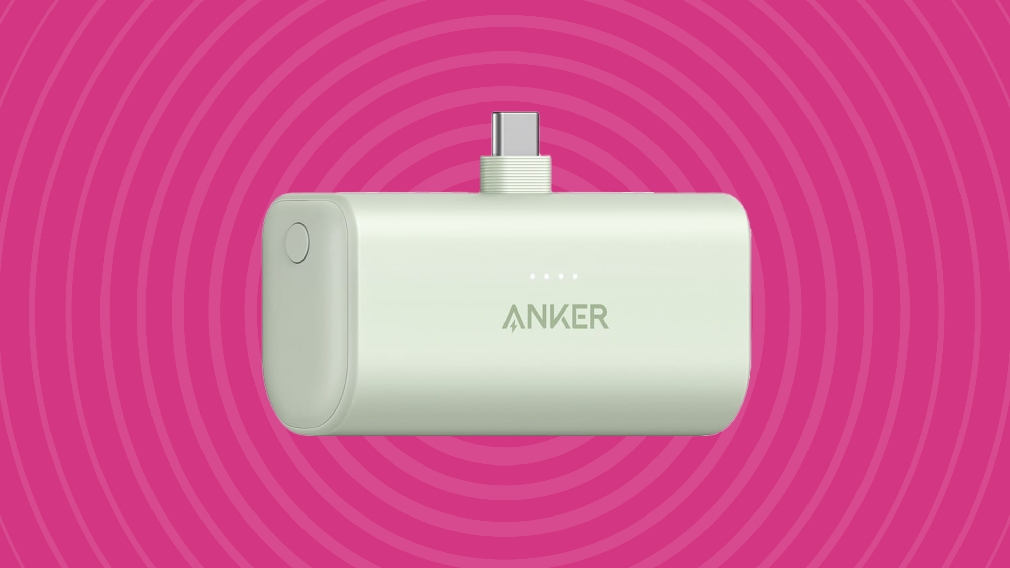 The Sprout Green Anker Nano 22.5W power bank on a ping background
