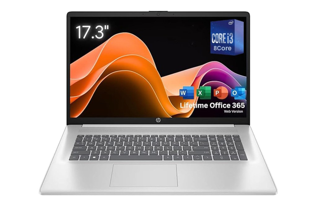 HP laptop with 17.3-inch screen, Intel Core i3 8-core processor, and Lifetime Office 365.