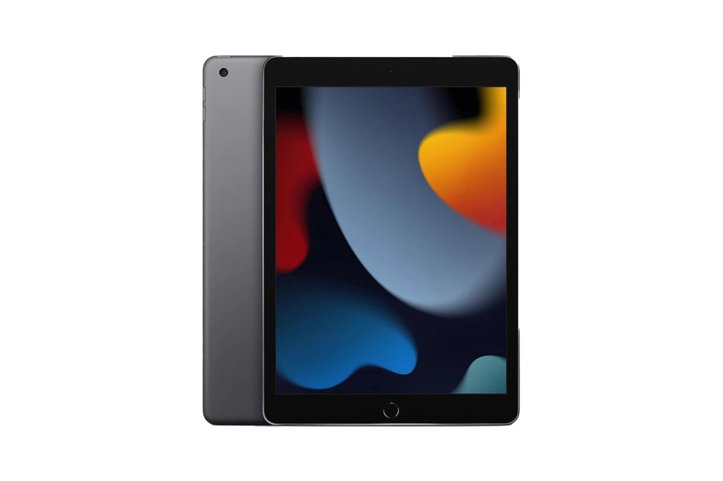 Space Gray iPad (9th generation) with a colorful abstract wallpaper.