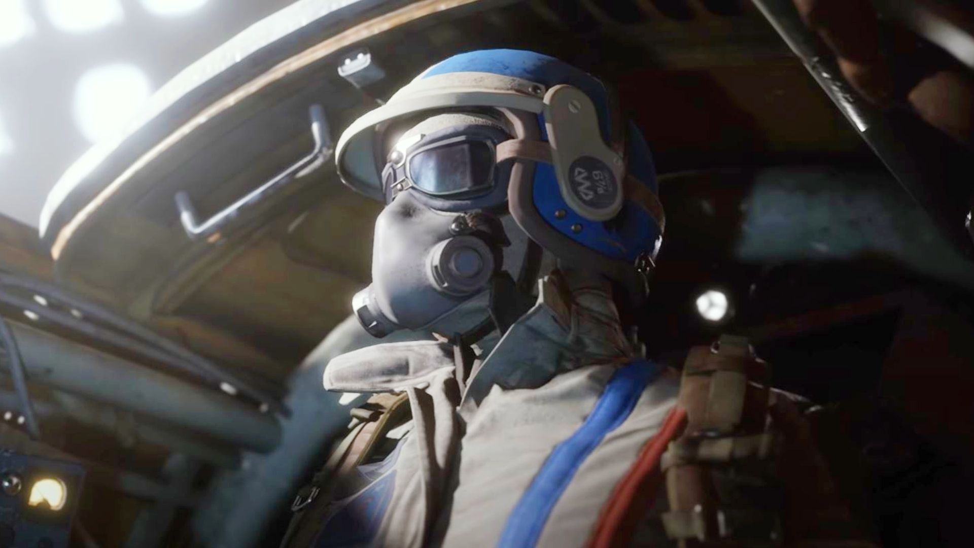 ARC Raiders gameplay: A player in a grey and blue flight suit, helmet, goggles, and breathing mask enters a cockpit