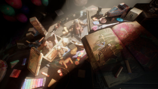 An image of various toys scattered around a room with a diary and a crayon drawing of Esquie from Expedition 33 with someone on his back