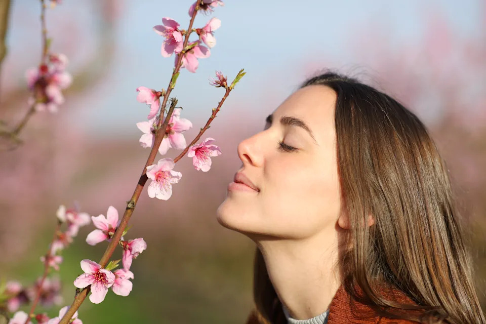 Person enjoys scent of blooming flowers on a tree branch outdoors, eyes closed, looking peaceful and content