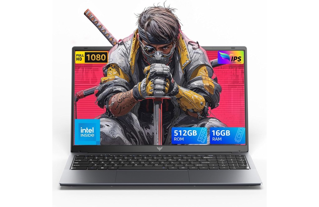 Illustration of a laptop displaying a warrior holding a sword, with "FULL HD 1080", "IPS SUPER CLEAR", "intel INSIDE", "512GB ROM", and "16GB RAM" overlaid on the screen.