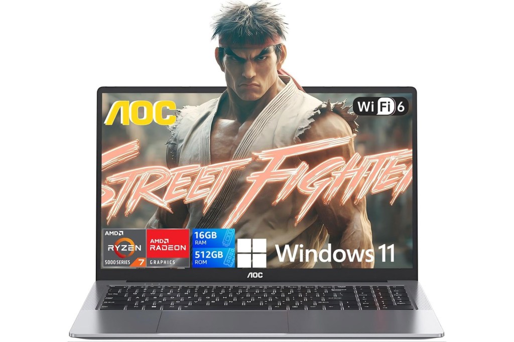Gaming laptop displaying Street Fighter and specifications.