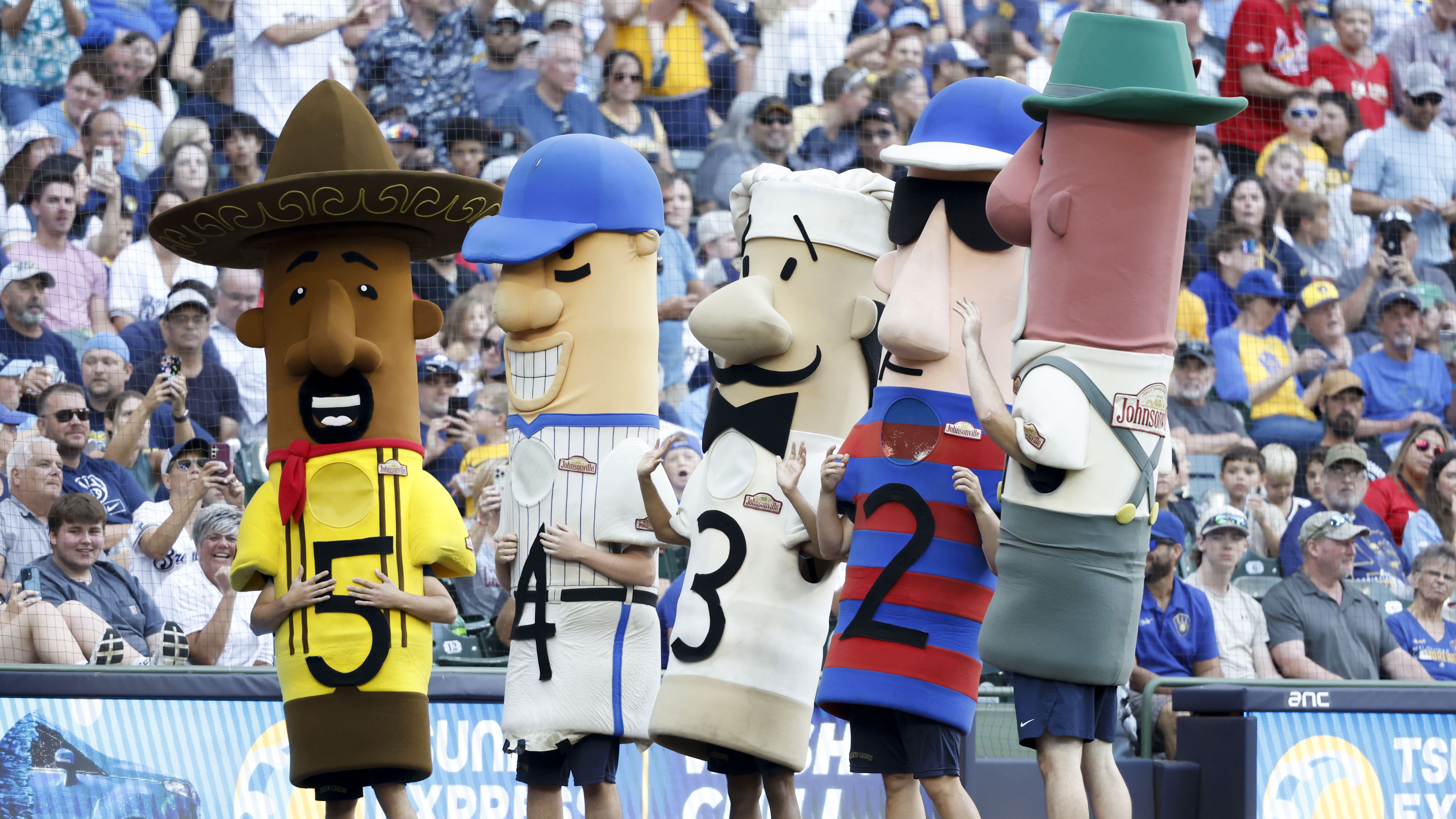 MILWAUKEE, WI - SEPTEMBER 14: The sausage race is seen in the seventh inning stretch during the game between the St. Louis Cardinals and the Milwaukee Brewers at American Family Field on Sunday, September 14, 2025 in Milwaukee, Wisconsin. (Photo by Jeffrey Phelps/MLB Photos via Getty Images)
