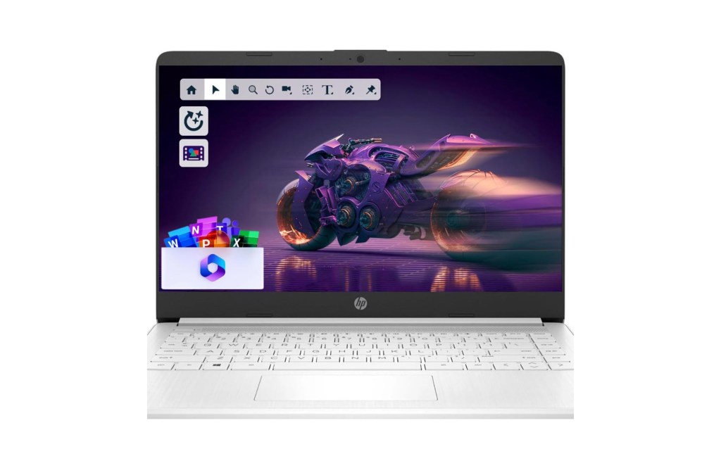 A white HP laptop displaying a purple motorcycle on the screen, with editing tools and Microsoft Office icons.