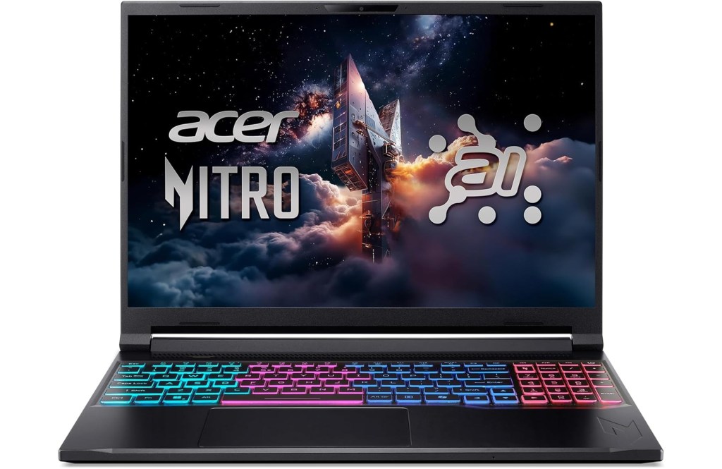 Black Acer Nitro gaming laptop with multicolored backlit keyboard and Acer Nitro branding on the screen.