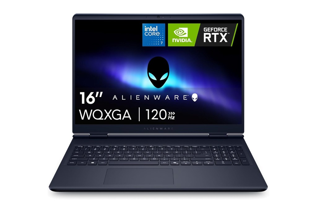 An Alienware gaming laptop with Intel Core i7 and NVIDIA GeForce RTX, a 16-inch WQXGA 120Hz display.