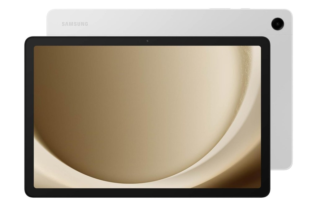A white Samsung tablet with a black screen showing a golden swirled pattern.
