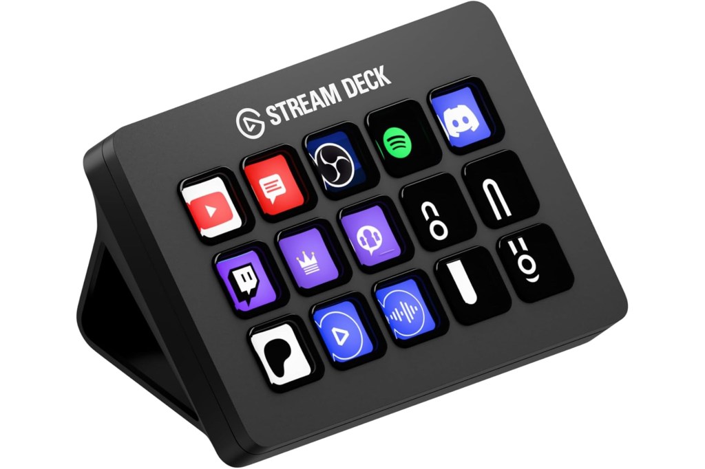 Stream Deck device with various app icons displayed on its customizable buttons.