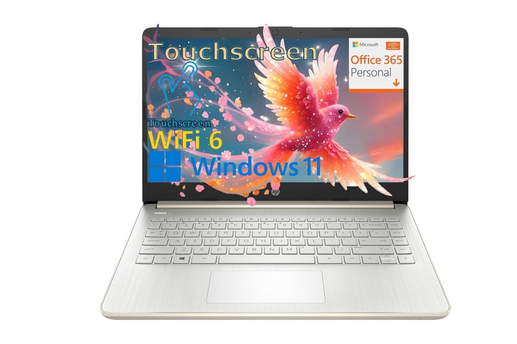 Light-colored HP laptop with a touchscreen display showing "Touchscreen," "WiFi 6," "Windows 11," and "Microsoft Office 365 Personal."